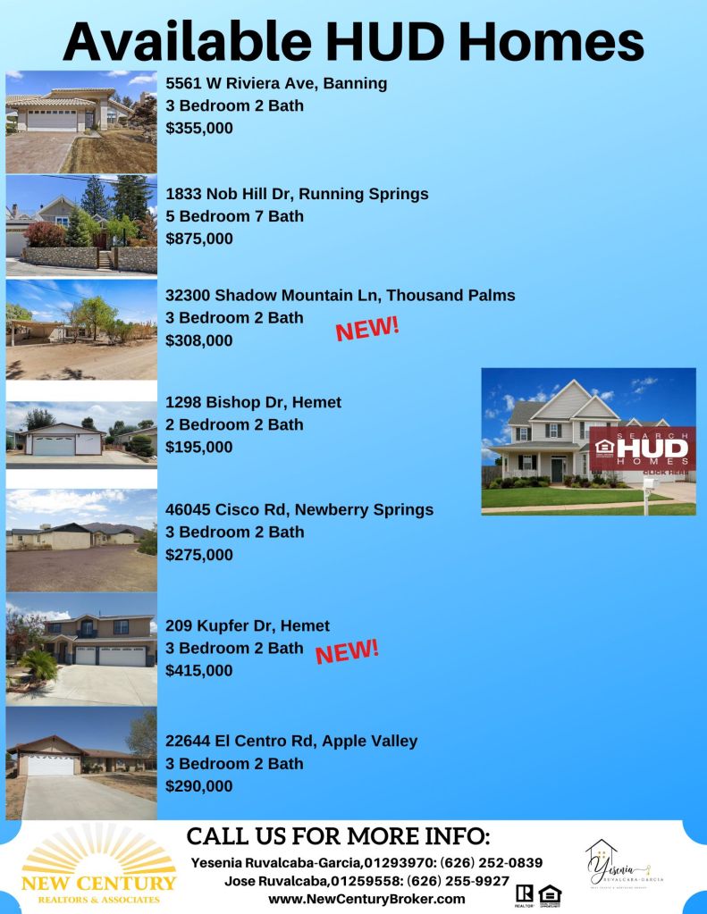 Check out these available HUD homes! Let me know if you would like to schedule a private showing or would like to submit offers on these or any other available HUD Home. 

#HUDHomes #HUDhome #Available #availablehudhomes #hudhomesforsale #hudspecialits #listings #socalhudhomes #homesforsales #firsttimebuyers #equalhousingopportunity